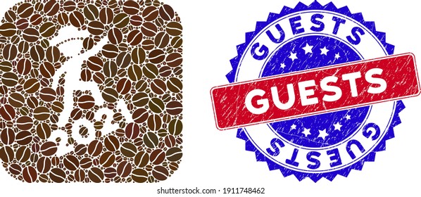 Vektor Sammler Gentleman Klettern 2021 und Grunge Bicolor Gäste versiegeln Stempel. Mosaik Gentleman Klettern 2021 als geschnitzte Form aus abgerundetem Quadrat mit Kakaobohnen.