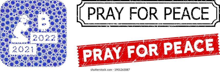 Vector collage gentleman pray bitcoin 2022 and grunge Pray for Peace seals. Mosaic gentleman pray bitcoin 2022 created as subtraction from rounded square with blue virulent icons.