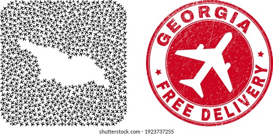Vector collage Georgia map of air force items and grunge Free Delivery seal. Collage geographic Georgia map created as hole from rounded square with flying out air planes.