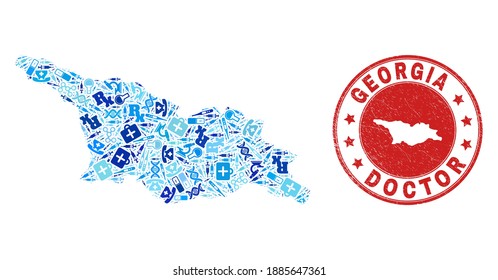 Vector collage Georgia map with medical icons, analysis symbols, and grunge health care seal stamp. Red round seal with corroded rubber texture and Georgia map tag and map.