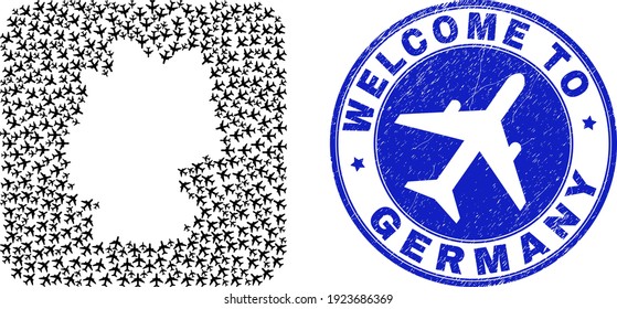 Vector collage Germany map of jorney elements and grunge Welcome badge. Collage geographic Germany map created as carved shape from rounded square shape with aeroplanes.