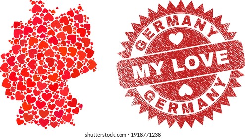 Vector collage Germany map of love heart elements and grunge My Love seal. Collage geographic Germany map created with valentine hearts.