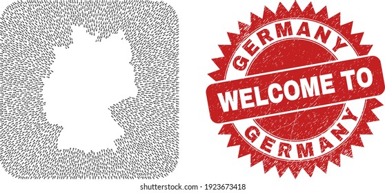 Vector collage Germany map of movement arrows and rubber Welcome seal stamp. Collage geographic Germany map created as stencil from rounded square with moving arrows.