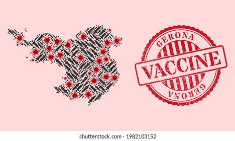 Vector collage Gerona Province map of SARS virus, vaccination icons, and red grunge vaccine seal. Virus particles and vaccination needles inside Gerona Province map.