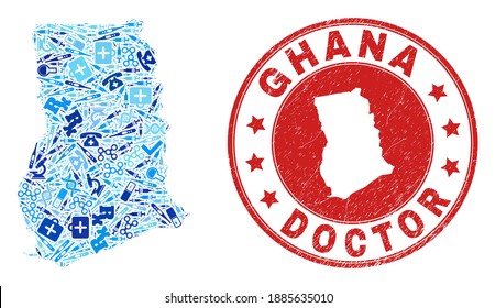 Vector collage Ghana map with inoculation icons, analysis symbols, and grunge health care watermark. Red round seal with grunge rubber texture and Ghana map tag and map.