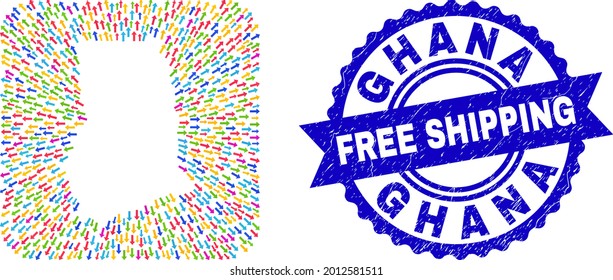Vector collage Ghana map of pointer arrows and grunge Free Shipping seal stamp. Collage Ghana map designed as hole from rounded square shape using pointer arrows.