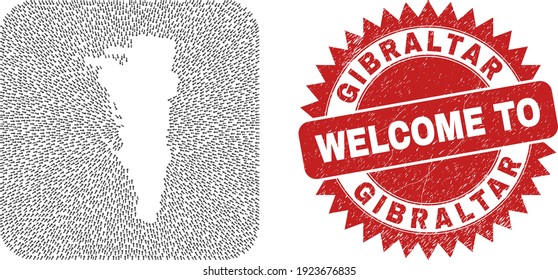 Vector collage Gibraltar map of straight arrows and rubber Welcome badge. Collage geographic Gibraltar map created as carved shape from rounded square with motion arrows.