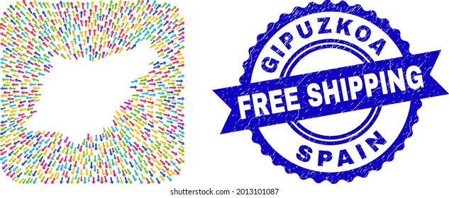 Vector collage Gipuzkoa Province map of arrows and rubber Free Shipping badge. Collage Gipuzkoa Province map designed as stencil from rounded square shape with straight arrows.