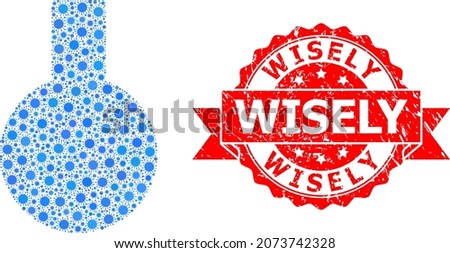 Vector collage glass flask of covid-2019 virus, and Wisely unclean ribbon seal. Virus elements inside glass flask collage. Red stamp seal has Wisely text inside ribbon.