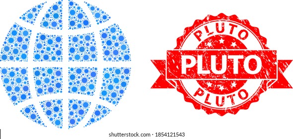 Vector collage globe of flu virus, and Pluto corroded ribbon stamp seal. Virus items inside globe mosaic. Red stamp seal includes Pluto tag inside ribbon.