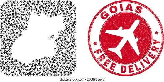Vector collage Goias State map of air force elements and grunge Free Delivery stamp. Collage geographic Goias State map created as stencil from rounded square shape with flying out air force symbols.