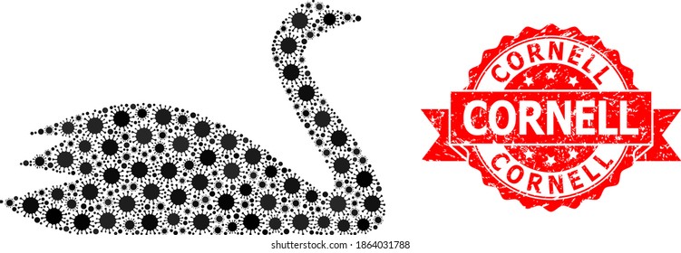 Cabeza de émbolo del virus y sello de la cinta sucia Cornell. Celdas de virus dentro del mosaico de ganso. El sello rojo contiene texto de Cornell dentro de la cinta.