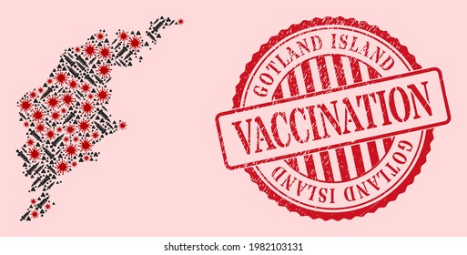 Collage vectorial de la isla Gotland mapa del virus covid-2019, iconos de la vacuna y sello de la vacuna de grunge rojo. Partículas de virus y partículas de jeringa dentro del mapa de la isla Gotland.