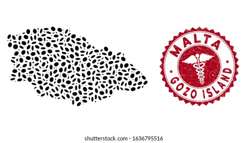 Vector collage Gozo Island map and red round grunge stamp seal with medic sign. Gozo Island map collage constructed with oval spots. Red rounded serpents seal stamp, with distress texture.