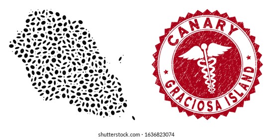 Vector collage Graciosa Island map and red round grunge stamp watermark with clinic sign. Graciosa Island map collage formed with ellipse items. Red round medicine seal stamp, with scratched texture.