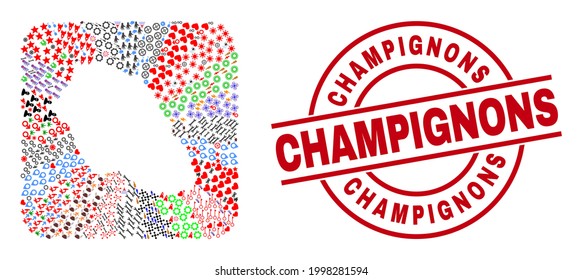 Vector collage Graciosa Island map of different icons and Champignons seal stamp. Collage Graciosa Island map constructed as subtraction from rounded square. Red round badge with Champignons text.