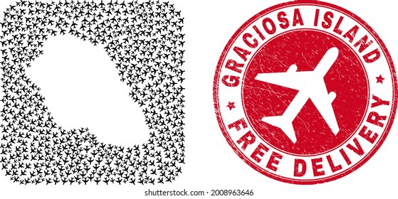 Collage vectorial de la isla de Graciosa mapa de artículos de aviación y sello de entrega libre de grunge.