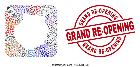 Vector collage Gran Canaria map of different symbols and Grand Re-Opening badge. Mosaic Gran Canaria map created as stencil from rounded square. Red round badge with Grand Re-Opening tag.