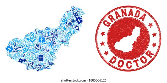 Vector collage Granada Province map with medical icons, receipt symbols, and grunge doctor stamp. Red round stamp with grunge rubber texture and Granada Province map caption and map.