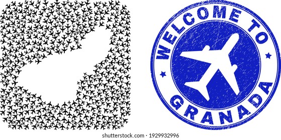 Vector collage Granada Province map of airport elements and grunge Welcome seal stamp. Collage geographic Granada Province map designed as hole from rounded square with air vehicles.