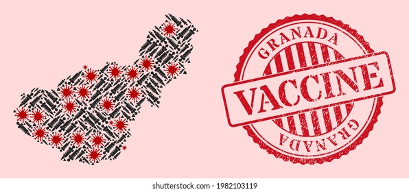 Vector collage Granada Province map of corona virus, vaccination icons, and red grunge vaccination stamp. Virus elements and vaccination items inside Granada Province map.