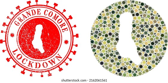 Vector collage Grande Comore Island map of covid icons and grunge LOCKDOWN seal stamp.