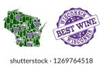 Vector collage of grape wine map of Wisconsin State and grunge seal stamp for best wine. Map of Wisconsin State collage formed with bottles and grape berries.