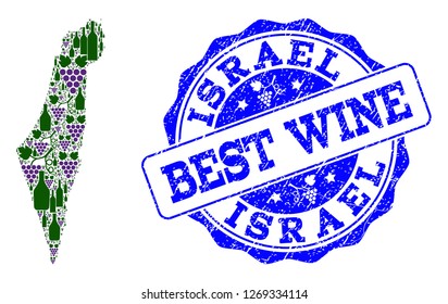 Vector collage of grape wine map of Israel and grunge seal for best wine. Map of Israel collage composed with bottles and grape berries.