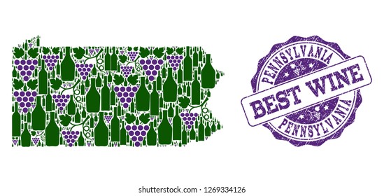 Vector collage of grape wine map of Pennsylvania State and grunge seal for best wine. Map of Pennsylvania State collage created with bottles and grape berries.