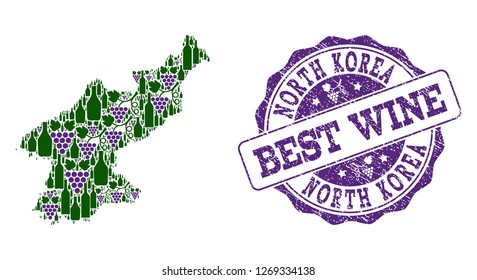 Vector collage of grape wine map of North Korea and grunge seal stamp for best wine. Map of North Korea collage formed with bottles and grape berries.