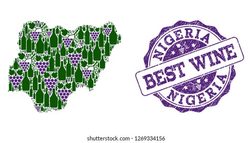 Vector collage of grape wine map of Nigeria and grunge seal for best wine. Map of Nigeria collage designed with bottles and grape berries.