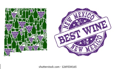 Vector collage of grape wine map of New Mexico State and grunge seal for best wine. Map of New Mexico State collage designed with bottles and grape berries.