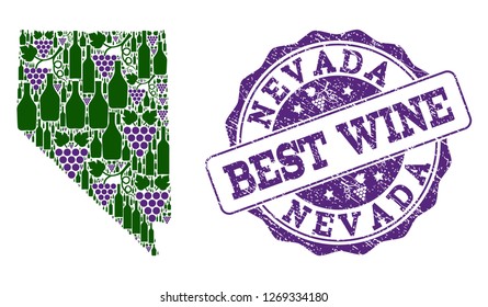 Vector collage of grape wine map of Nevada State and grunge seal stamp for best wine. Map of Nevada State collage formed with bottles and grape berries.