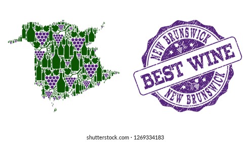 Vector collage of grape wine map of New Brunswick Province and grunge seal stamp for best wine. Map of New Brunswick Province collage created with bottles and grape berries.