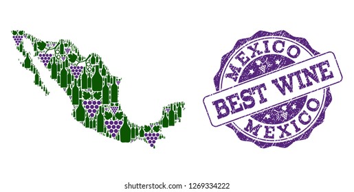 Vector collage of grape wine map of Mexico and grunge seal stamp for best wine. Map of Mexico collage created with bottles and grape berries.