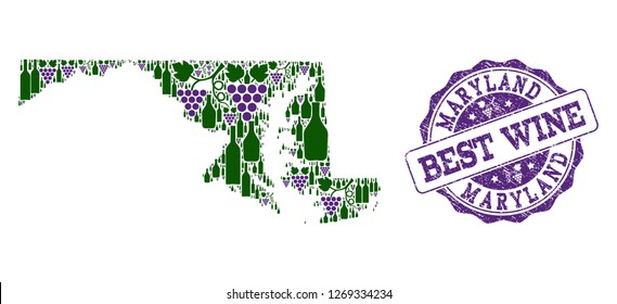 Vector collage of grape wine map of Maryland State and grunge seal for best wine. Map of Maryland State collage formed with bottles and grape berries.