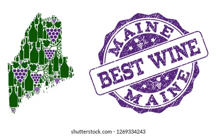 Vector collage of grape wine map of Maine State and grunge stamp for best wine. Map of Maine State collage designed with bottles and grape berries.