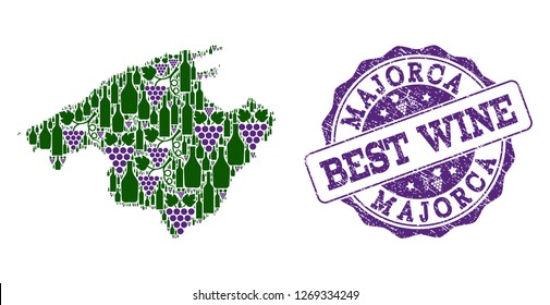 Vector collage of grape wine map of Majorca and grunge seal stamp for best wine. Map of Majorca collage designed with bottles and grape berries.