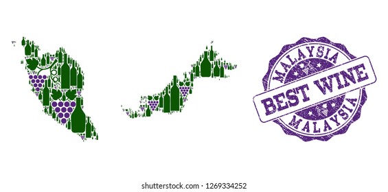 Vector collage of grape wine map of Malaysia and grunge seal stamp for best wine. Map of Malaysia collage designed with bottles and grape berries.