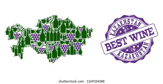Vector collage of grape wine map of Kazakhstan and grunge stamp for best wine. Map of Kazakhstan collage designed with bottles and grape berries.