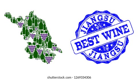 Vector collage of grape wine Map of Jiangsu Province and grunge stamp for best wine. Map of Jiangsu Province collage formed with bottles and grape berries.