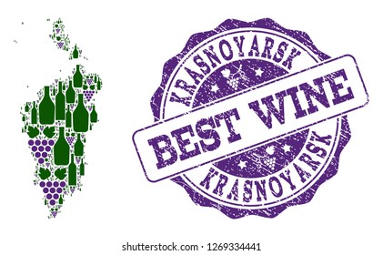 Vector collage of grape wine map of Krasnoyarskiy Kray and grunge stamp for best wine. Map of Krasnoyarskiy Kray collage designed with bottles and grape berries.