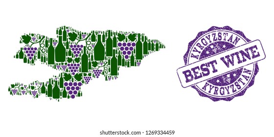 Vector collage of grape wine map of Kyrgyzstan and grunge seal for best wine. Map of Kyrgyzstan collage formed with bottles and grape berries.