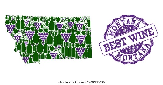 Vector collage of grape wine map of Montana State and grunge seal for best wine. Map of Montana State collage composed with bottles and grape berries.