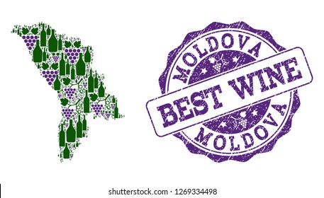 Vector collage of grape wine map of Moldova and grunge seal stamp for best wine. Map of Moldova collage designed with bottles and grape berries.