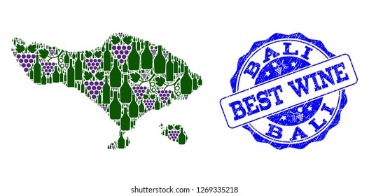Vector collage of grape wine map of Bali Island and grunge stamp for best wine. Map of Bali Island collage composed with bottles and grape berries.