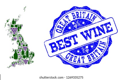 Vector collage of grape wine map of Great Britain and grunge seal for best wine. Map of Great Britain collage composed with bottles and grape berries.