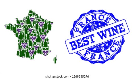 Vector collage of grape wine map of France and grunge seal stamp for best wine. Map of France collage created with bottles and grape berries.