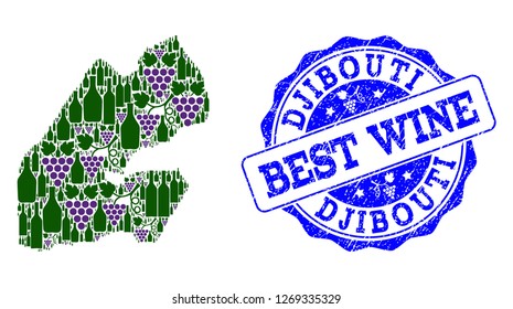 Vector collage of grape wine map of Djibouti and grunge stamp for best wine. Map of Djibouti collage formed with bottles and grape berries.
