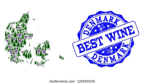 Vector collage of grape wine map of Denmark and grunge seal stamp for best wine. Map of Denmark collage designed with bottles and grape berries.